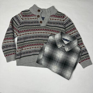 Janie and Jack Grey Heather Fair Isle Sweater Flannel Shirt Bundle